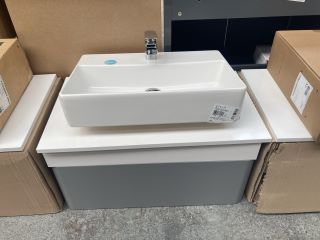 WALL HUNG 1 DRAWER COUNTERTOP SINK UNIT IN LIGHT GREY & WHITE 800 X 460MM WITH A 1TH CERAMIC BASIN COMPLETE WITH A WATERFALL SPOUT MONO BASIN MIXER TAP & CHROME SPRUNG WASTE - RRP £735: LOCATION - D3