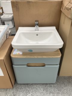 (COLLECTION ONLY) VITRA WALL HUNG 1 DRAWER ILLUMINATED COUNTERTOP SINK UNIT IN SEAGRASS & OAK 550 X 450MM WITH A 1TH CERAMIC BASIN COMPLETE WITH A MONO BASIN MIXER TAP & CHROME SPRUNG WASTE - RRP £13