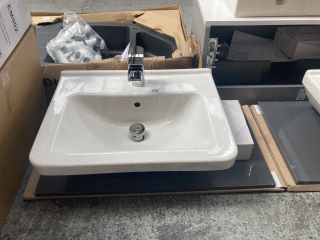 (COLLECTION ONLY) 800 X 430MM GLOSS ANTHRACITE COUNTERTOP MAYBE USED AS A FLOATING SHELF WITH A CERAMIC 1TH BASIN COMPLETE WITH A WATERFALL SPOUT MONO BASIN MIXER TAP & CHROME SPRUNG WASTE - RRP £480