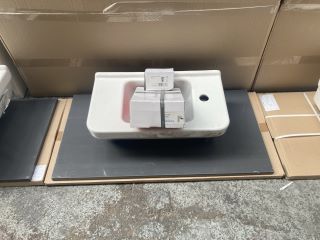 (COLLECTION ONLY) 800 X 430MM GLOSS ANTHRACITE COUNTERTOP MAYBE USED AS A FLOATING SHELF WITH A CERAMIC 1TH BASIN COMPLETE WITH A WATERFALL SPOUT MONO BASIN MIXER TAP & CHROME SPRUNG WASTE - RRP £480