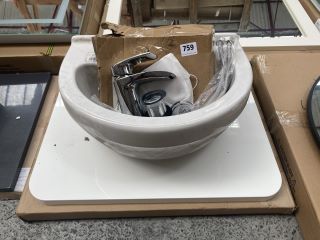 (COLLECTION ONLY) 590 X 450MM WHITE COUNTERTOP MAYBE USED AS A FLOATING SHELF WITH A CERAMIC 1TH BASIN COMPLETE WITH A WATERFALL SPOUT MONO BASIN MIXER TAP & CHROME SPRUNG WASTE - RRP £480: LOCATION