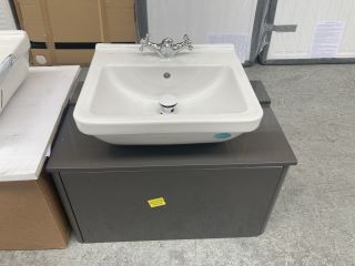 (COLLECTION ONLY) WALL HUNG 1 DRAWER COUNTERTOP SINK UNIT IN GLOSS CLAY 750 X 400MM WITH A 1TH CERAMIC BASIN COMPLETE WITH A MODERN CROSSHEAD MONO BASIN MIXER TAP & WHITE SPRUNG WASTE - RPP £735: LOC