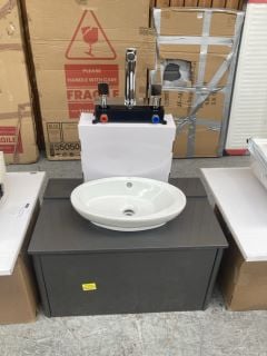 (COLLECTION ONLY) WALL HUNG 1 DRAWER COUNTERTOP SINK UNIT IN GLOSS CLAY 750 X 400MM WITH A CERAMIC VESSEL BASIN COMPLETE WITH A WALL MOUNTED BASIN MIXER TAP IN CHROME - RPP £735: LOCATION - D2