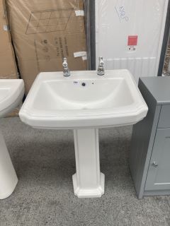 (COLLECTION ONLY) 600MM WIDE TRADITIONAL STYLE 2TH CERAMIC BASIN WITH FULL PEDESTAL WITH A PAIR OF TRADITIONAL LEVER ACTION PILLAR TAPS IN CHROME - RRP £460: LOCATION - D3