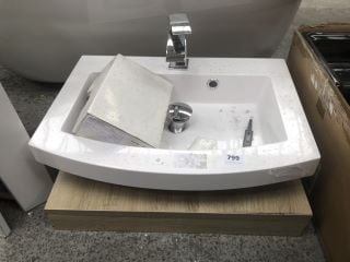 (COLLECTION ONLY) 600 X 460MM FLOATING SHELF IN OAK WITH A 1TH POLYMARBLE BASIN COMPLETE WITH A MONO BASIN MIXER TAP & SPRUNG WASTE: LOCATION - C1