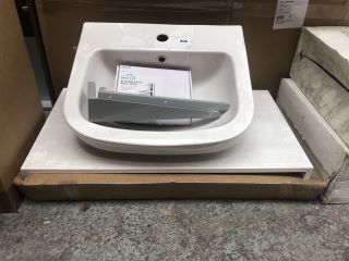 (COLLECTION ONLY) 800 X 430MM WHITE WOODGRAIN FLOATING SHELF WITH METAL HANGING BRACKETS WITH A 1TH CERAMIC BASIN COMPLETE WITH A MONO BASIN MIXER TAP & CHROME SPRUNG WASTE - RRP £420: LOCATION - C2