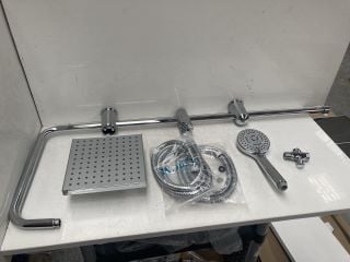 RISER RAIL KIT IN CHROME WITH SQUARE FIXED SHOWER HEAD, MULTI FUNCTION HANDSET & HOSE - RRP £165: LOCATION - RACKING 2