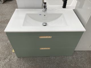 (COLLECTION ONLY) WALL HUNG 2 DRAWER SINK UNIT IN SAGE WITH A 810 X 470MM 1TH CERAMIC BASIN COMPLETE WITH A MONO BASIN MIXER TAP & CHROME SPRUNG WASTE - RRP £860: LOCATION - C6