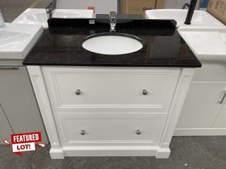 (COLLECTION ONLY) OLD LONDON STYLE FLOOR STANDING 2 DRAWER SINK UNIT IN WHITE WITH 900 X 500MM BLACK GRANITE TOP WITH BACKSPLASH WITH CERAMIC UNDERMOUNT BASIN COMPLETE WITH A MONO BASIN MIXER TAP & C