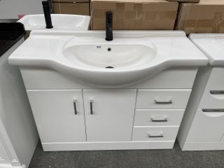 (COLLECTION ONLY) FLOOR STANDING 2 DOOR 3 DRAWER SEMI RECESSED SINK UNIT IN WHITE WITH A 1050 X 500MM 1TH CERAMIC VANITY TOP COMPLETE WITH A BLACK MONO BASIN MIXER TAP & SPRUNG WASTE - RRP £980: LOCA