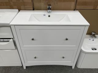 (COLLECTION ONLY) FLOOR STANDING 2 DRAWER SINK UNIT IN WHITE WITH A 810 X 400MM 1TH CERAMIC BASIN COMPLETE WITH A MONO BASIN MIXER TAP & CHROME SPRUNG WASTE - RRP £820: LOCATION - C6