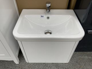 (COLLECTION ONLY) WALL HUNG 1 DRAWER SINK UNIT IN WHITE WITH A 522 X 390MM 1TH CERAMIC BASIN COMPLETE WITH A MONO BASIN MIXER TAP & CHROME SPRUNG WASTE - RRP £665: LOCATION - C7