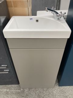 (COLLECTION ONLY) FLOOR STANDING 1 DOOR CLOSET SINK UNIT IN STONE GREY WITH A 460 X 290MM 1TH CERAMIC BASIN COMPLETE WITH A TRADITIONAL CROSSHEAD MONO BASIN MIXER TAP & CHROME SPRUNG WASTE - RRP £705