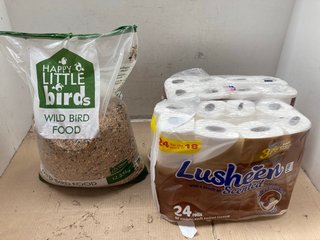 PACK OF HAPPY LITTLE BIRDS 12.55KG WILD BIRD FOOD - BBE 8/4/25 TO ALSO INCLUDE 2 X PACKS OF 18 LUSHEEN 3 PLY TOILET ROLLS: LOCATION - F4