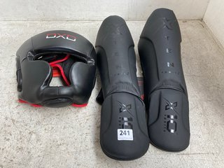 DXD MX SAFETY HEAD GUARD IN BLACK/RED - SIZE L TO ALSO INCLUDE 2 X X10 SPORTS SHIN GUARDS IN BLACK - SIZE M: LOCATION - WH10