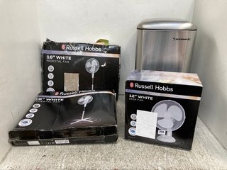 2 X RUSSELL HOBBS 16" PEDESTAL FANS IN WHITE TO ALSO INCLUDE RUSSELL HOBBS 12" DESK FAN IN WHITE & SONGMICS PEDAL BIN IN STAINLESS STEEL: LOCATION - H12