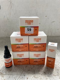 7 X CBD ITEMS TO INCLUDE 5 X TUBS OF ORANGE COUNTY CBD FOOD SUPPLEMENT EDIBLES (PLEASE NOTE: 18+YEARS ONLY. ID MAY BE REQUIRED): LOCATION - WH1