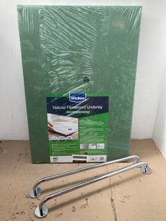 2 X STAINLESS STEEL TOWEL RAILS TO ALSO INCLUDE PACK OF WICKES NATURAL FIBREBOARD UNDERLAY - SIZE 850 X 590 X 5MM: LOCATION - F10