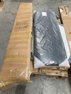 PALLET OF ASSORTED INCOMPLETE FURNITURE TO INCLUDE SINGLE WHITE VELVET HEADBOARD: LOCATION - A5