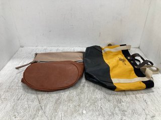 2 X ASSORTED WOMENS CANVAS AND LEATHER SHOULDER BAGS IN YELLOW/BLACK AND BROWN: LOCATION - F10