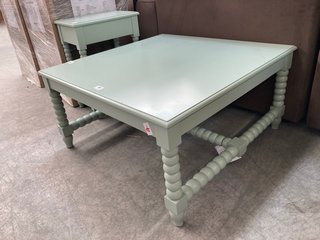 ARTISAN LARGE SQUARE COFFEE TABLE IN LIGHT SEAFOAM GREEN PAINTED FINISH: LOCATION - C4