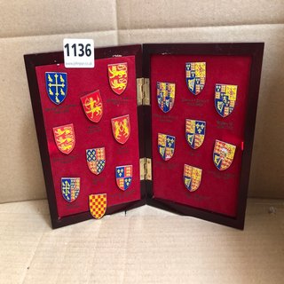 A WOODEN BOX OF HERALDIC PIN BADGES: LOCATION - CR