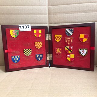 A WOODEN BOX OF HERALDIC PIN BADGES: LOCATION - CR