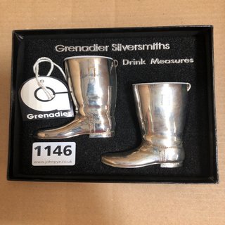 2 X GRENADIER SILVERSMITHS BOOT SHAPED DRINKS MEASURES, BOXED: LOCATION - CR