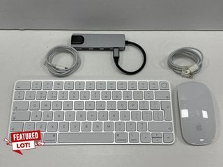 APPLE MAGIC KEYBOARD WITH TOUCH ID AND MAGIC MOUSE MAC ACCESSORIES IN WHITE: MODEL NO A2449 / A1657 (WITH CHARGER CABLES AND OTHER ACCESSORIES, SOME SLIGHT COSMETIC WEAR MARKS ON CASING) [JPTM120468]