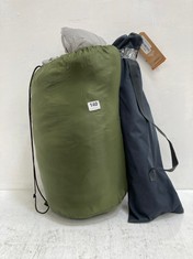 AZARK SLEEPING BAG IN DARK GREEN TO INCLUDE VARGO HUSH SINGLE CAMPBED - GREY