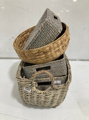 5 X ASSORTED STORAGE BASKETS TO INCLUDE JOHN LEWIS GREY RATTAN SHALLOW BASKET