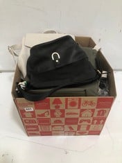 BOX OF ASSORTED BAGS/HATS TO INCLUDE JOHN LEWIS LEATHER BACKPACK IN BLACK