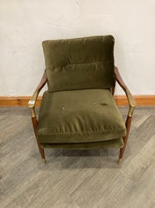 THEODORE ARMCHAIR IN UPHOLSTERED VELVET OLIVE WITH CAST BRASS DETAILED ARMS RRP- £995