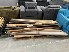 PALLET OF ASSORTED BED PARTS TO INCLUDE SAGE VELVET SIDE RAILS (KERBSIDE PALLET DELIVERY)