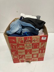 BOX OF ASSORTED KIDS CLOTHING TO INCLUDE MISS E-VIE DENIM SHORTS WASHED BLUE SIZE 9YRS