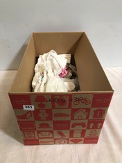 BOX OF ASSORTED KIDS CLOTHING TO INCLUDE MCKENZIE SLEEPSUIT WHITE/PINK SIZE 9-12MTHS