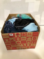 BOX OF ASSORTED ADULT CLOTHING TO INCLUDE LEVI DENIM JEANS DARK BLUE SIZE 22W