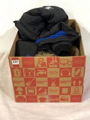 BOX OF ASSORTED ADULT BRANDED JACKETS TO INCLUDE SUPERDRY SCUBA DIVE EDITION JACKET BLACK/BLUE SIZE LG