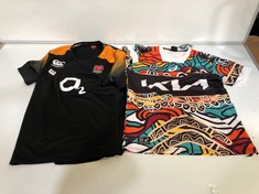 2 X ASSORTED SPORTS TOPS TO INCLUDE CANTERBURY ENGLAND SHIRT BLACK/ORANGE OMBRE SIZE XL