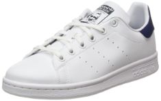 1 X PAIR ADIDAS UNISEX KIDS STAN SMITH J TRACK SHOE, FTWR WHITE FTWR WHITE DARK BLUE, 4.5 UK.