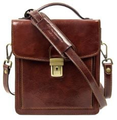 TIME RESISTANCE LEATHER SMALL BRIEFCASE FOR MEN BROWN CROSSBODY BAG.