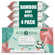 18 X ECO SOUL 100% BAMBOO SOFT WET BABY WIPES | 4 MULTIPACK OF 64 WIPES EACH | HYPOALLERGENIC (FOR SENSITIVE SKIN) | ECO & TRAVEL FRIENDLY, BIODEGRADABLE WATER WIPES | FRESH AQUA | SUITABLE FOR NEWBO