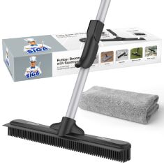 MR.SIGA PET HAIR REMOVAL RUBBER BROOM WITH BUILT IN SQUEEGEE, 3 IN 1 FLOOR BRUSH FOR CARPET, 61 INCH ADJUSTABLE HANDLE, INCLUDES 1 MICROFIBER CLOTH FOR FLOOR DUSTING.