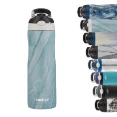 BOX OF BOTTLES TO INCLUDE CONTIGO AUTOSPOUT CHILL COUTURE DRINKING BOTTLE WITH STRAW, STAINLESS STEEL WATER BOTTLE, 100% LEAK PROOF, INSULATED BOTTLE FOR SPORTS, BIKE, HIKING, 590 ML, ITE.