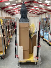 CAGE OF ASSORTED GARDEN ITEMS / PARTS TO INCLUDE BUDDHA STANDING GARDEN STATUE IN DARK GREY (CAGE NOT INCLUDED) (KERBSIDE PALLET DELIVERY)