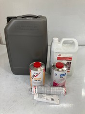 BOX OF ASSORTED LIQUIDS TO INCLUDE STANDOX FILLER HARDENER 4600 1L (COLLECTION ONLY)