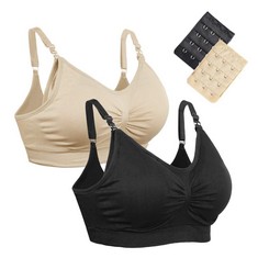 10 X AIGIRI NURSING BRAS PACK OF 2, SEAMLESS WIREFREE MATERNITY BRA FOR MOTHERHOOD PREGNANCY BREASTFEEDING SLEEPING WITH EXTENDERS S BLACK +BEIGE - TOTAL RRP £125: LOCATION - RACK B