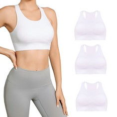 QUANTITY OF ASSORTED ITEMS TO INCLUDE RUBYRUNK 3 PIECE SPORTS BRA WIDE SHOULDER STRAP STYLE, WOMEN'S SPORTS BRAS BUILT-IN BRA CROP TOPS VEST IS SUITABLE FOR YOGA AND FITNESS MOTION (BLACK, WHITE, GRA