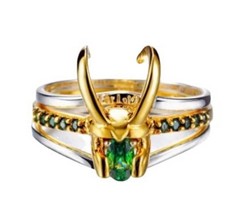 QUANTITY OF ASSORTED ITEMS TO INCLUDE LOKI RING THOR LOKI HELMET RING 3 IN 1 RINGS MARVEL MERCHANDISE LOKI RING GREEN CRYSTAL METAL ALLOY STACKING RINGS UNISEX LOKI COSPLAY JEWELRY PROPS, THREE-PIECE