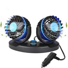 QUANTITY OF ASSORTED ITEMS TO INCLUDE HUELIV CAR FAN 12V ELECTRIC COOLING FAN WITH 360 ° ADJUSTABLE DUAL HEAD FAN WITH CIGARETTE LIGHTER, POWERFUL SILENT AND STEPLESS SPEED CHANGE, SUMMER COOLING FOR